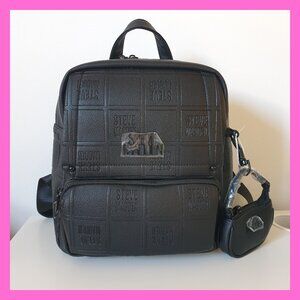 Steve Madden Black Charm Backpack Fashion Faux Vegan Leather Embossed Logo NWT